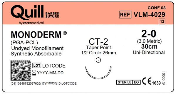 Монодерм (Monoderm), незабарвлений, 2-0,30см (cm), колюча голка (Taper Point), CT-2 (26мм (mm) 1/2 кола), односпрямований